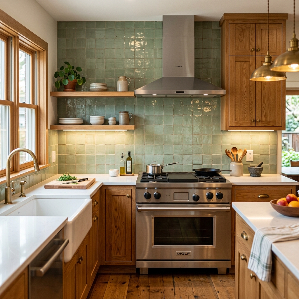 Sage Green Zellige Backsplash Kitchen